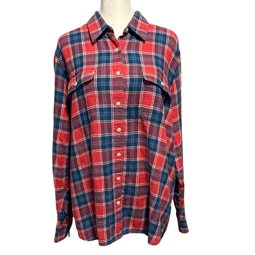 Lands End Size XL 18 Flannel Shirt Red Blue Plaid Button Up Gorpcore